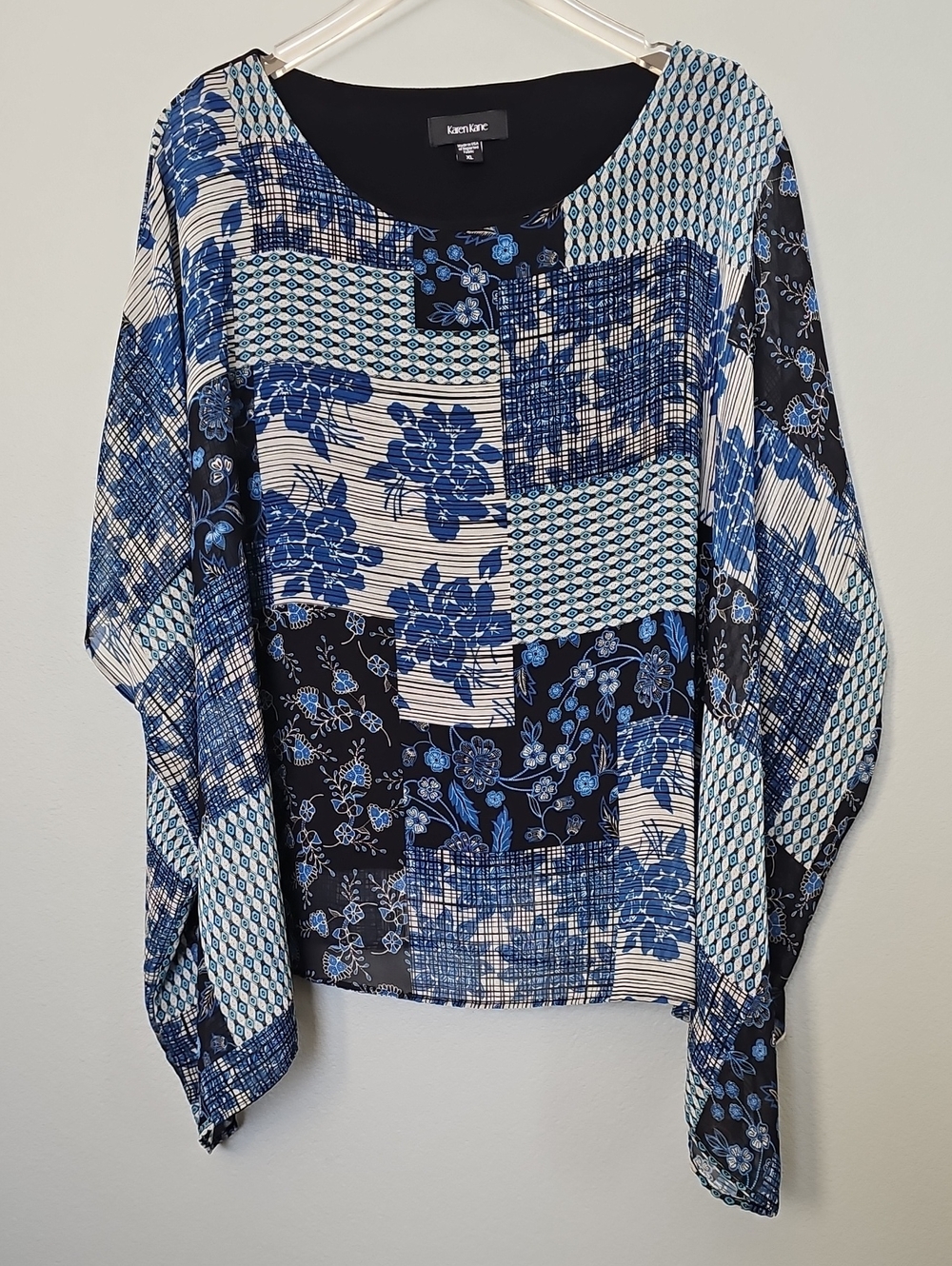 Karen Kane Patchwork Print Poncho Blouse in Blue & Black Size XL